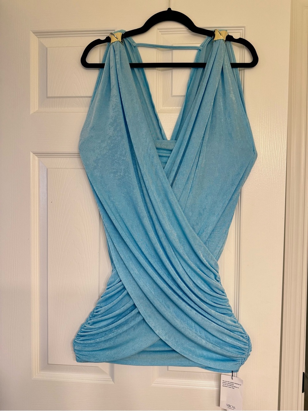 Light Blue Draped Sleeve Wrap Mini Dress
